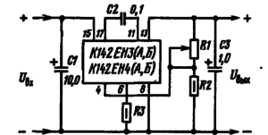 Схема включения микросхем К142ЕН3 (А,Б) и К142ЕН4 (А,Б) с использованием внутренней схемы тепловой защиты