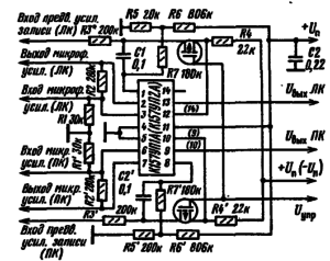 Схема включения микросхем К157УП1, К157УП2 в канале записи стереофонического магнитофона. В скобках указана нумерация выводов для микросхемы К157УП2