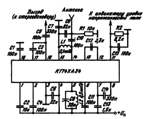 Типовая схема включения ИМС К174ХА34 в качестве стереофонического приемника. Значения элементов приведены для входного ЧМ-сигнала с параметрами: /вх = 69 МГ ц, А/ = ± 5 0 кГ ц