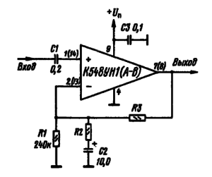 Принципиальная схема линейного усилителя (симметричное включение микросхемы К548УН1 (А-В)