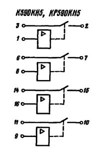 Функциональная схема микросхем К590КН5 к переключения при f/nl = 16,5 В, Un2 = —16,5 В, КР590КН5. Ключи замкнуты при низком уров- 1/„мп=4В, 6 ^ 2 не входного управляющего напряжения