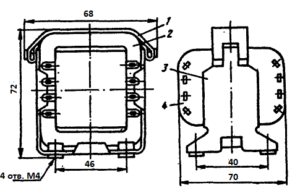 Рис.1. Конструкция стержневого трансформатора ТН31 -127/220-50. 1 - лента; 2 - магнитопровод; 3 - обойма; 4 - катушка.